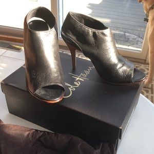 Black leather open toe bootie Size 7